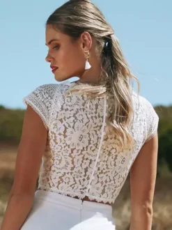 Boho Wedding Dress Lace Lace Two-piece Floor-Length Natural Waist Zipper Short Sleeves V-Neck Ivory