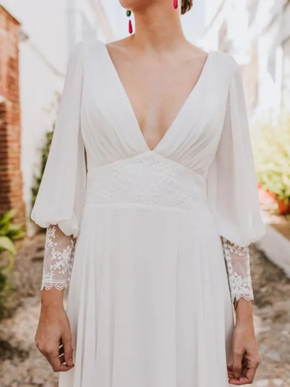 Boho Wedding Dress Lace Lace A-Line Sweep Natural Waist Backless Long Sleeves V-Neck Ivory