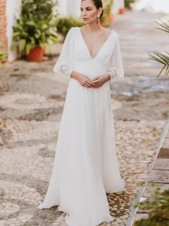 Boho Wedding Dress Lace Lace A-Line Sweep Natural Waist Backless Long Sleeves V-Neck Ivory