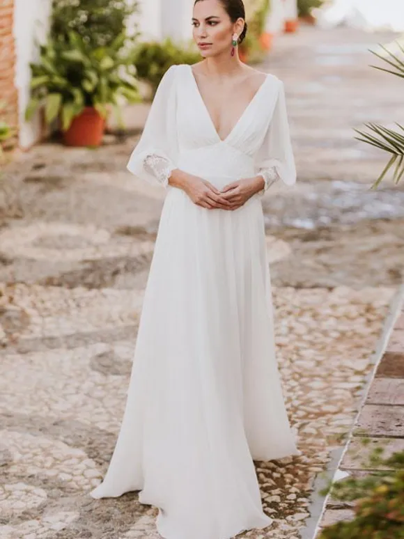 Boho Wedding Dress Lace Lace A-Line Sweep Natural Waist Backless Long Sleeves V-Neck Ivory
