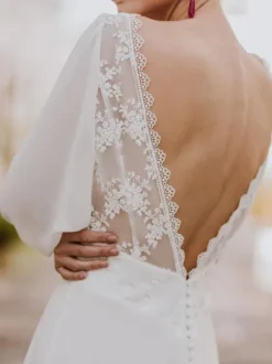 Boho Wedding Dress Lace Lace A-Line Sweep Natural Waist Backless Long Sleeves V-Neck Ivory