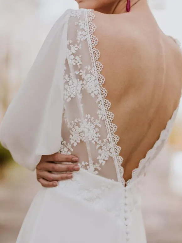 Boho Wedding Dress Lace Lace A-Line Sweep Natural Waist Backless Long Sleeves V-Neck Ivory