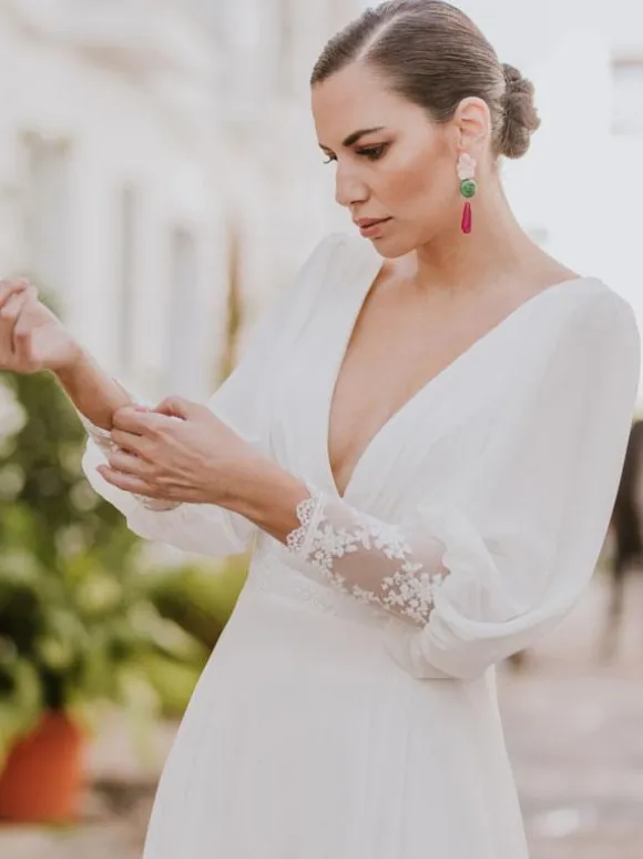 Boho Wedding Dress Lace Lace A-Line Sweep Natural Waist Backless Long Sleeves V-Neck Ivory