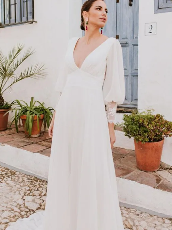 Boho Wedding Dress Lace Lace A-Line Sweep Natural Waist Backless Long Sleeves V-Neck Ivory
