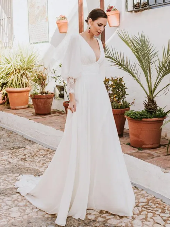 Boho Wedding Dress Lace Lace A-Line Sweep Natural Waist Backless Long Sleeves V-Neck Ivory