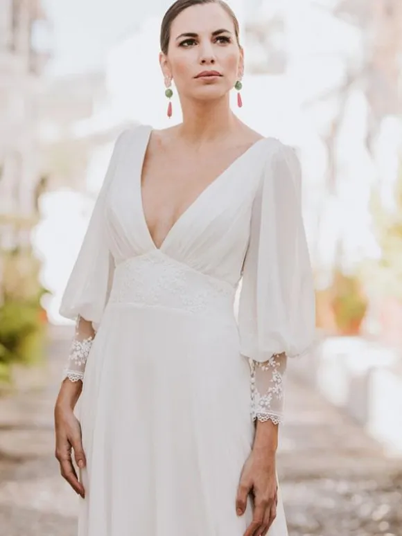 Boho Wedding Dress Lace Lace A-Line Sweep Natural Waist Backless Long Sleeves V-Neck Ivory