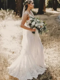 Boho Wedding Dress Lace Lace Mermaid Sweep Natural Waist Backless Sleeveless Jewel Neck Ivory