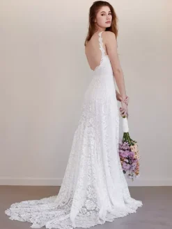 Boho Wedding Dress Lace Lace Mermaid Sweep Natural Waist Backless Sleeveless Jewel Neck Ivory
