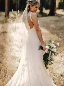 Boho Wedding Dress Lace Lace Mermaid Sweep Natural Waist Backless Sleeveless Jewel Neck Ivory