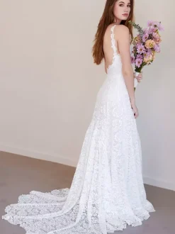 Boho Wedding Dress Lace Lace Mermaid Sweep Natural Waist Backless Sleeveless Jewel Neck Ivory