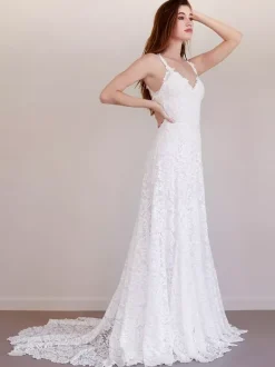 Boho Wedding Dress Lace Lace Mermaid Sweep Natural Waist Backless Sleeveless Jewel Neck Ivory