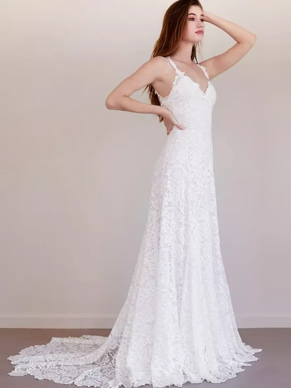 Boho Wedding Dress Lace Lace Mermaid Sweep Natural Waist Backless Sleeveless Jewel Neck Ivory
