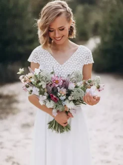 Boho Wedding Dress Lace Lace A-Line Sweep Natural Waist Backless Short Sleeves V-Neck Ivory