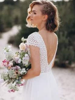 Boho Wedding Dress Lace Lace A-Line Sweep Natural Waist Backless Short Sleeves V-Neck Ivory