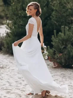Boho Wedding Dress Lace Lace A-Line Sweep Natural Waist Backless Short Sleeves V-Neck Ivory
