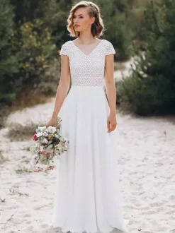 Boho Wedding Dress Lace Lace A-Line Sweep Natural Waist Backless Short Sleeves V-Neck Ivory