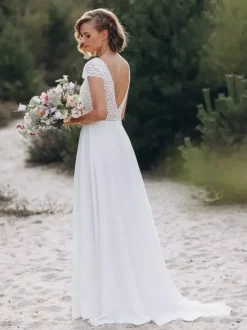 Boho Wedding Dress Lace Lace A-Line Sweep Natural Waist Backless Short Sleeves V-Neck Ivory