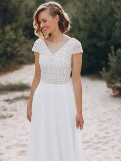 Boho Wedding Dress Lace Lace A-Line Sweep Natural Waist Backless Short Sleeves V-Neck Ivory