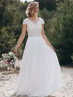 Boho Wedding Dress Lace Lace A-Line Sweep Natural Waist Backless Short Sleeves V-Neck Ivory
