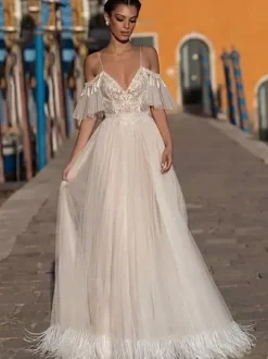 Boho Wedding Dress Lace Lace A-Line Floor-Length Natural Waist Zipper Short Sleeves V-Neck Vanilla Cream