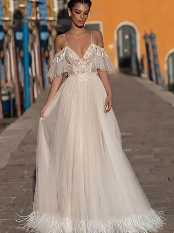 Boho Wedding Dress Lace Lace A-Line Floor-Length Natural Waist Zipper Short Sleeves V-Neck Vanilla Cream