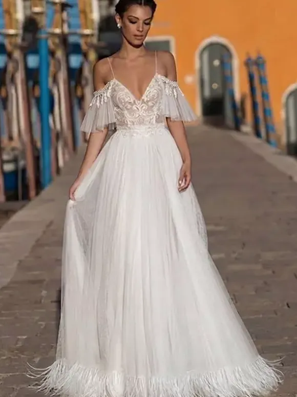 Boho Wedding Dress Lace Lace A-Line Floor-Length Natural Waist Zipper Short Sleeves V-Neck Vanilla Cream