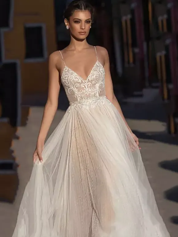 Boho Wedding Dress Lace Lace A-Line Floor-Length Natural Waist Zipper Short Sleeves V-Neck Vanilla Cream