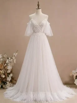 Boho Wedding Dress Lace Lace A-Line Floor-Length Natural Waist Zipper Short Sleeves V-Neck Vanilla Cream