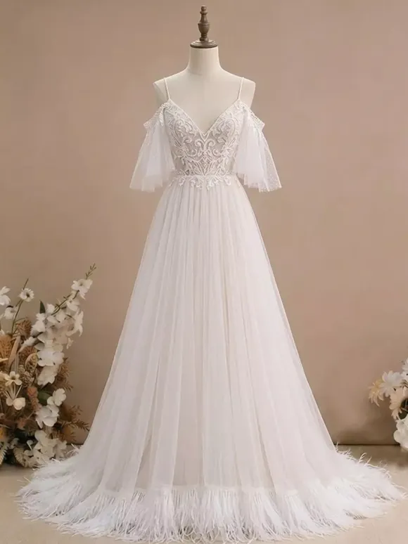Boho Wedding Dress Lace Lace A-Line Floor-Length Natural Waist Zipper Short Sleeves V-Neck Vanilla Cream