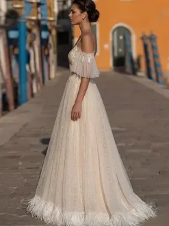 Boho Wedding Dress Lace Lace A-Line Floor-Length Natural Waist Zipper Short Sleeves V-Neck Vanilla Cream