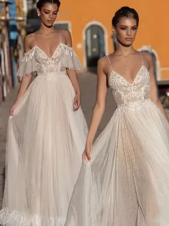 Boho Wedding Dress Lace Lace A-Line Floor-Length Natural Waist Zipper Short Sleeves V-Neck Vanilla Cream