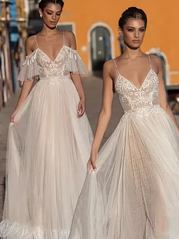 Boho Wedding Dress Lace Lace A-Line Floor-Length Natural Waist Zipper Short Sleeves V-Neck Vanilla Cream
