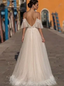 Boho Wedding Dress Lace Lace A-Line Floor-Length Natural Waist Zipper Short Sleeves V-Neck Vanilla Cream