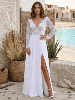 Boho Wedding Dress Lace Lace Ball Gown Natural Waist Zipper Long Sleeves V-Neck Ivory