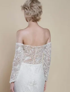 Boho Wedding Dress Lace Mermaid With Train Natural Waist Zipper Long Sleeves Bateau Neck Ivory