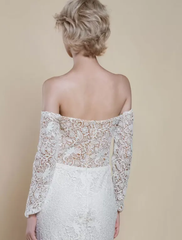 Boho Wedding Dress Lace Mermaid With Train Natural Waist Zipper Long Sleeves Bateau Neck Ivory