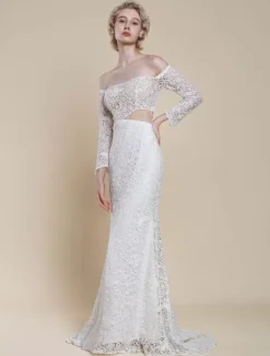 Boho Wedding Dress Lace Mermaid With Train Natural Waist Zipper Long Sleeves Bateau Neck Ivory