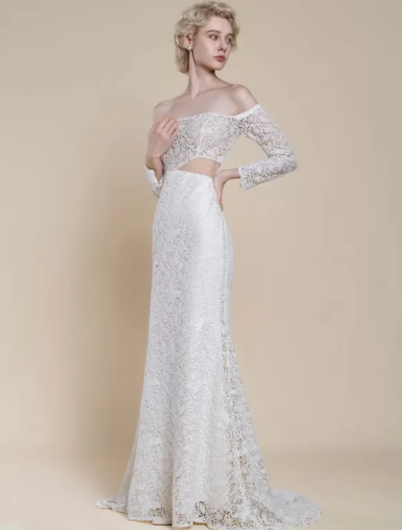 Boho Wedding Dress Lace Mermaid With Train Natural Waist Zipper Long Sleeves Bateau Neck Ivory