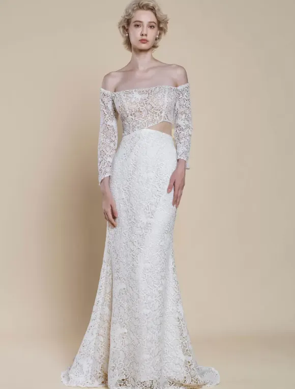 Boho Wedding Dress Lace Mermaid With Train Natural Waist Zipper Long Sleeves Bateau Neck Ivory