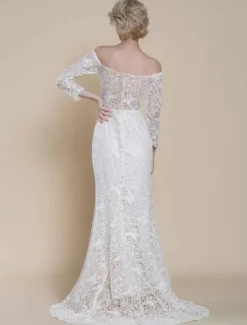 Boho Wedding Dress Lace Mermaid With Train Natural Waist Zipper Long Sleeves Bateau Neck Ivory