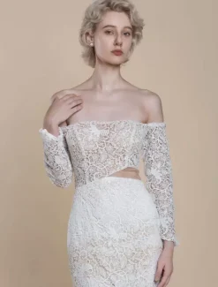 Boho Wedding Dress Lace Mermaid With Train Natural Waist Zipper Long Sleeves Bateau Neck Ivory