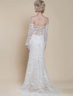 Boho Wedding Dress Lace Mermaid With Train Natural Waist Zipper Long Sleeves Bateau Neck Ivory