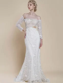 Boho Wedding Dress Lace Mermaid With Train Natural Waist Zipper Long Sleeves Bateau Neck Ivory