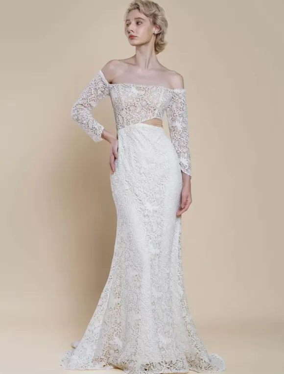 Boho Wedding Dress Lace Mermaid With Train Natural Waist Zipper Long Sleeves Bateau Neck Ivory