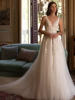 Boho Wedding Dress Lace Sequins Ball Gown With Train Natural Waist Off-The-Shoulder Zipper Sleeveless V-Neck Ivory