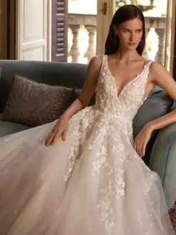 Boho Wedding Dress Lace Sequins Ball Gown With Train Natural Waist Off-The-Shoulder Zipper Sleeveless V-Neck Ivory