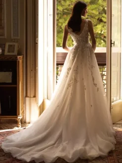 Boho Wedding Dress Lace Sequins Ball Gown With Train Natural Waist Off-The-Shoulder Zipper Sleeveless V-Neck Ivory