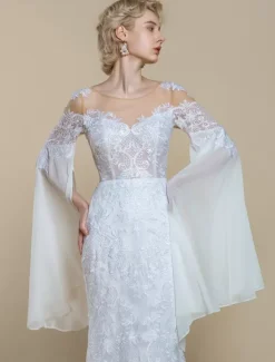 Boho Wedding Dress Polyester Tiered Mermaid With Train Natural Waist Zipper Long Sleeves Illusion Neckline Ivory