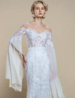 Boho Wedding Dress Polyester Tiered Mermaid With Train Natural Waist Zipper Long Sleeves Illusion Neckline Ivory