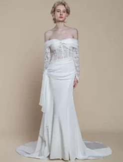 Boho Wedding Dress Polyester Lace Sheath With Train Natural Waist Zipper Long Sleeves Bateau Neck Ivory